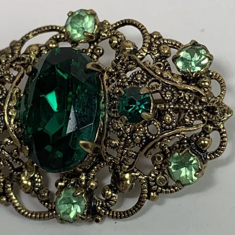 Vintage Brooch Czech Gold Tone Filigree Pin Green Stones Ornate Jewelry 1.25”